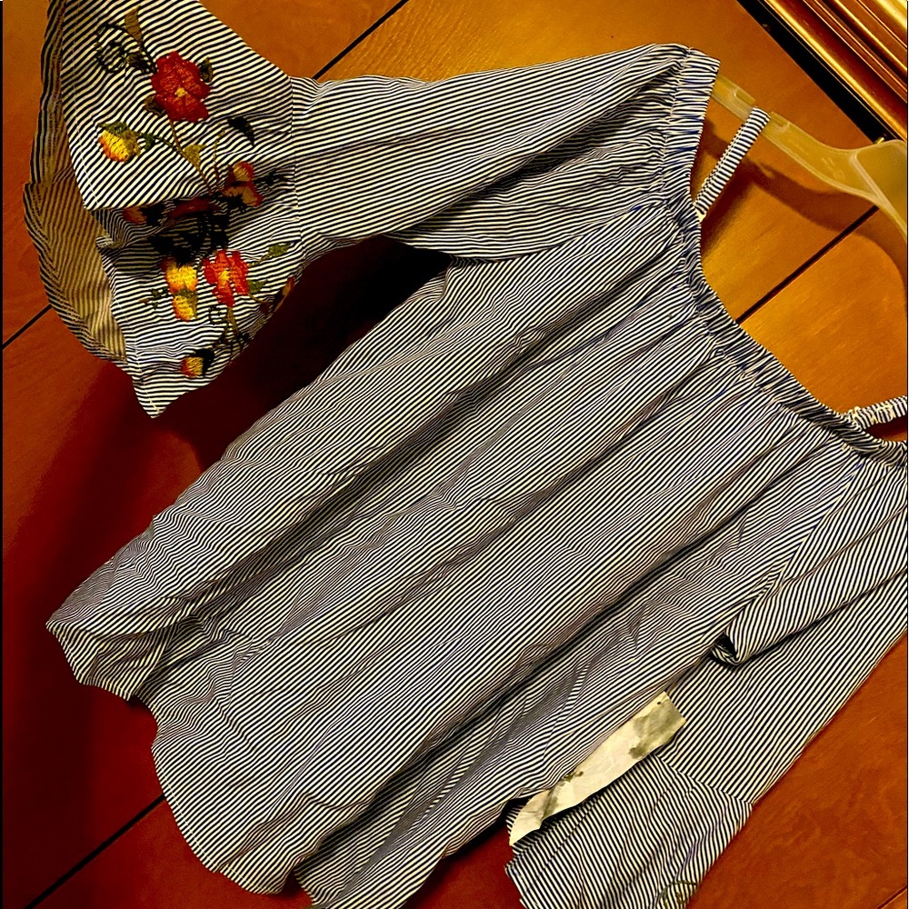 Pinstripe and floral off-shoulder bell sleeve top